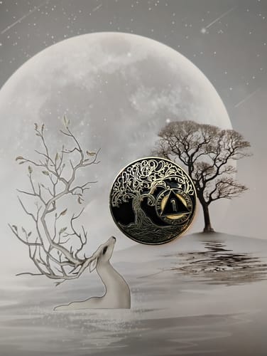 Customer's beautiful black and gold Tree of Life medallion set against an artistic background with a moon and deer.