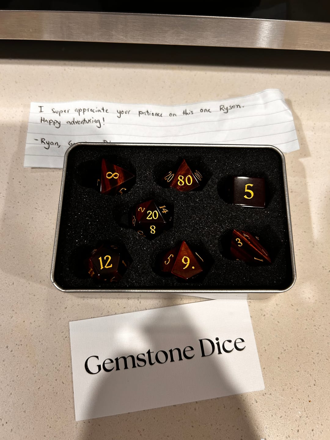 Customer photo review of Silken Flame Dice Set (Red Tiger Eye)