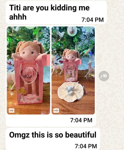 Reviewer's screenshot of a text message showing the gifted blue elephant Security Blanket and a doll.