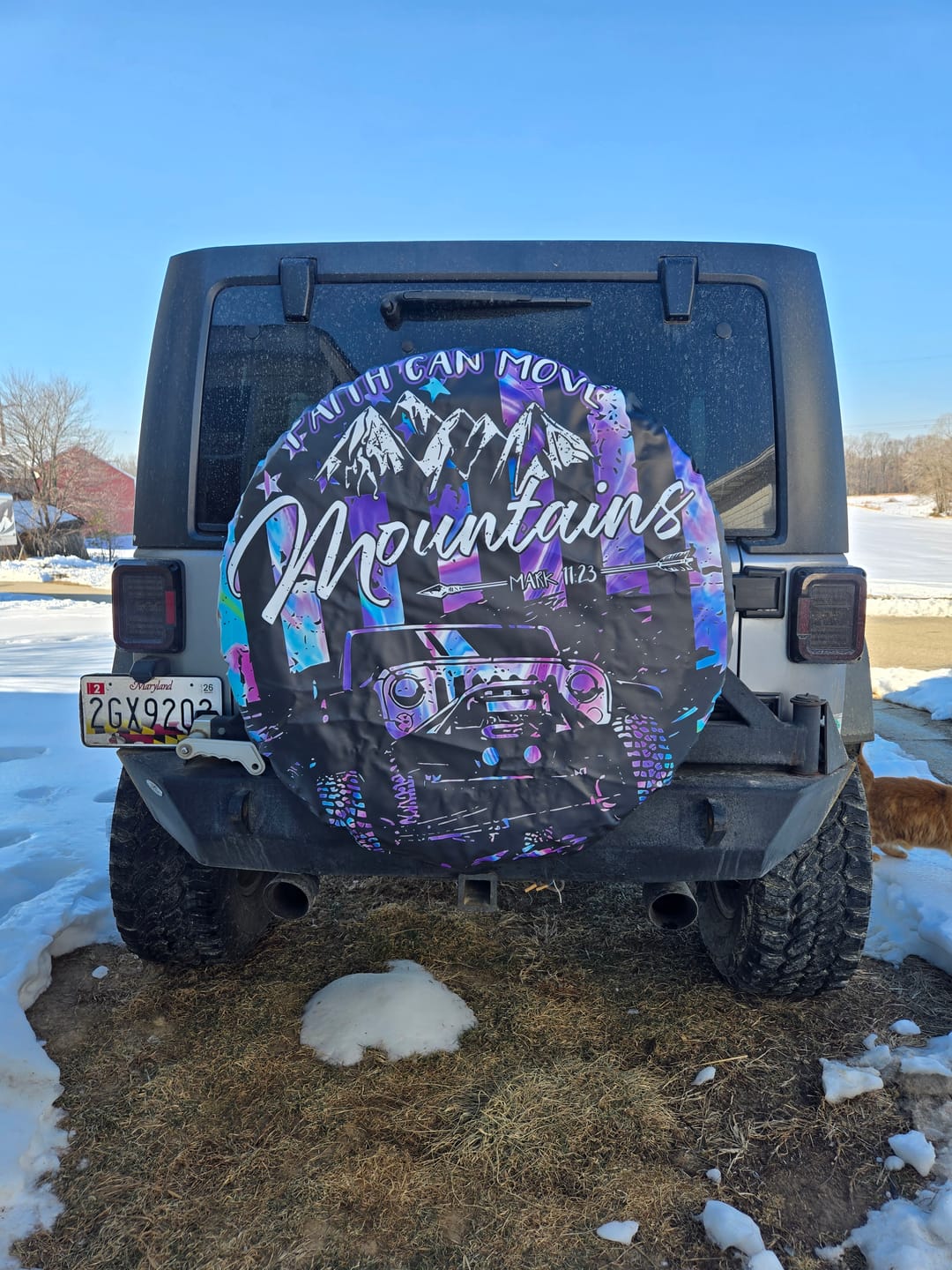 Customer photo review of Jeep Spare Tire Cover - Faith Can Not Move Mountains Jeep Spare Tire Cover Purple Flag
