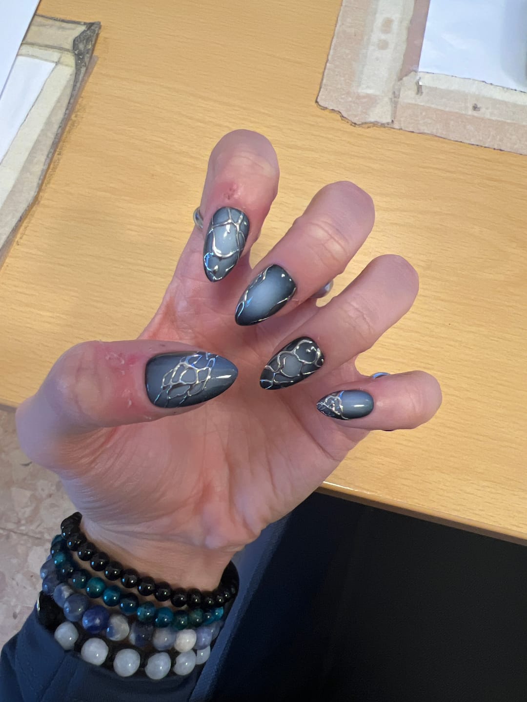 Customer photo review of Navy Blue Ombre Press-On Nails, Chrome Vein Dark Gothic Fake Nails