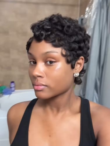 Customer photo review of Luvwin Full Lace Wave Curls Short Pixie Cut Wig 100% Human Hair