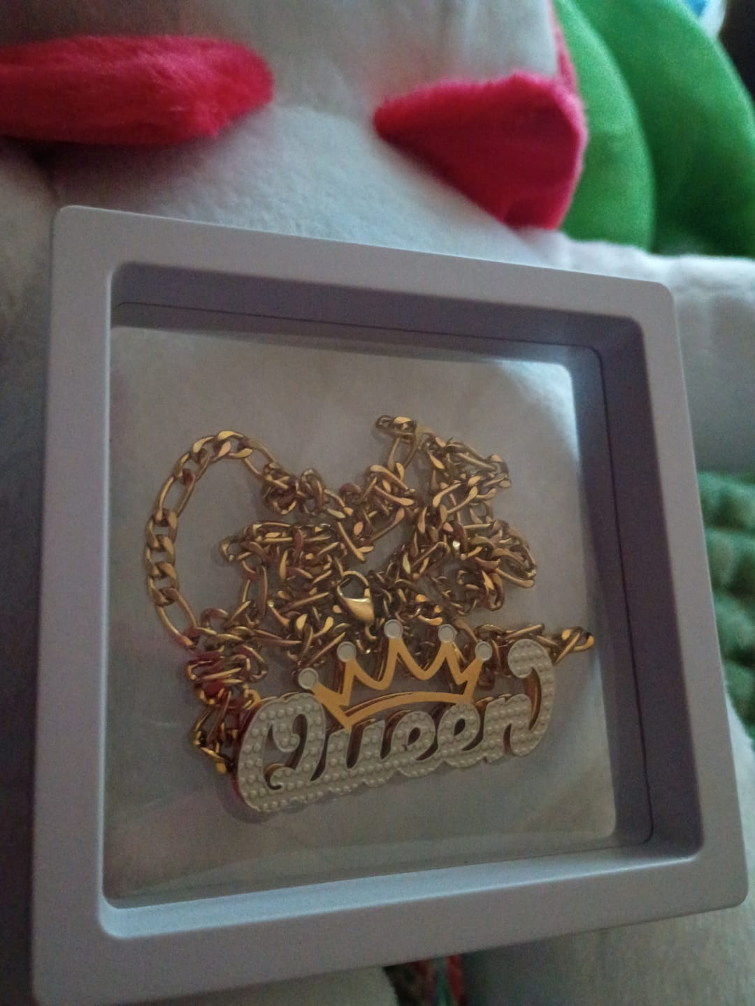 Customer photo review of Double Plated Crown Name Necklace w/ Figaro Chain