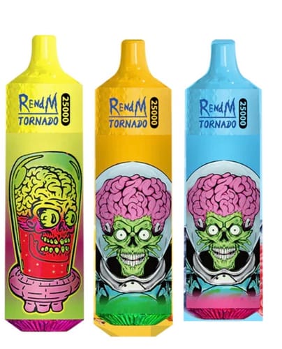 A reviewer's three colorful REndM Tornado 25000 vapes with cartoon alien graphics.