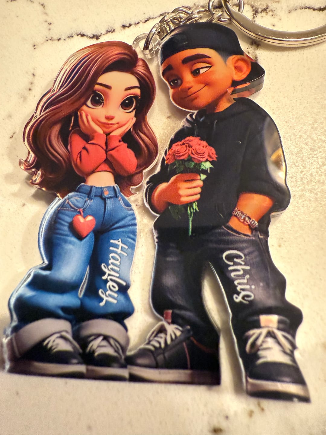 Customer photo review of 3D Effect Y2K Couple Personalized Acrylic Keychain, Perfect Gift For Couple, for him, for her