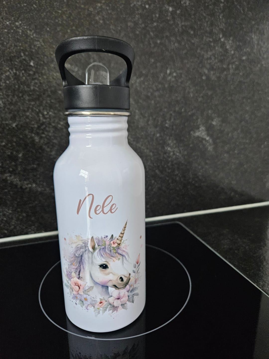 Customer photo review of Trinkflasche Kinder Edelstahl - Einhorn mit Blüten