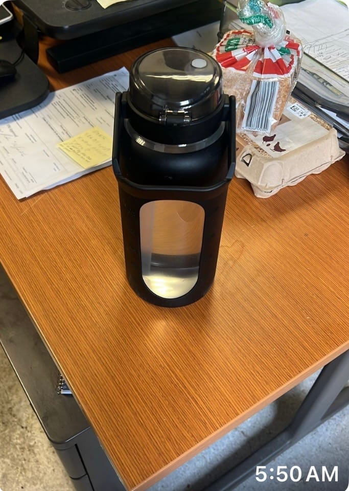 Customer photo review of Mighty Vessel™ 64 oz Shatter-Resistant Glass Water Bottle