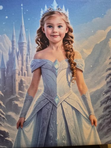 Customer's 'The Ice Princess' portrait of a girl in a beautiful blue gown and ice crown with a snowy castle behind.