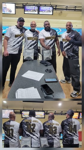 Customers at a bowling alley wearing their custom graffiti jerseys. The image shows the team name on the front and personalized backs.