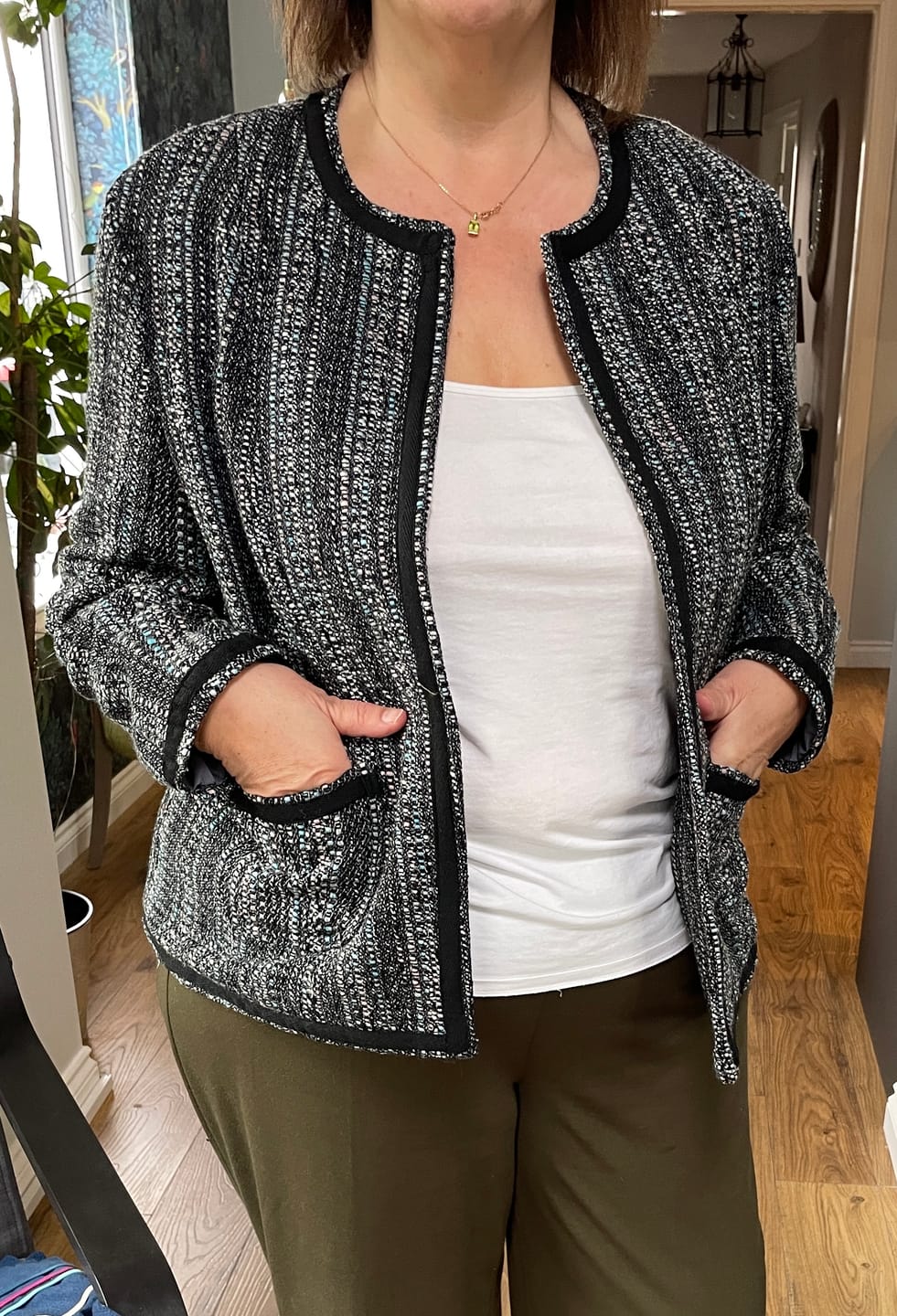 Customer photo review of Blue and Grey Boucle Fabric