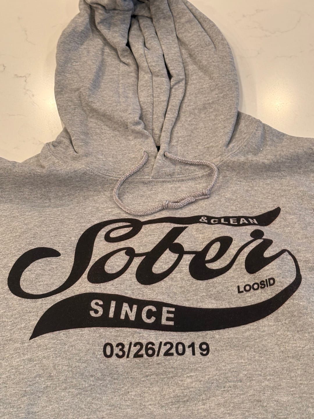 Customer photo review of Recovery Hoodie | Sober Since Men's Hoodie with Custom Sobriety Date