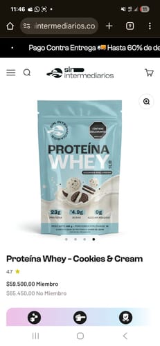 Reseña de cliente con captura de pantalla de la Proteína Whey, sabor Cookies & Cream, en una tienda online.