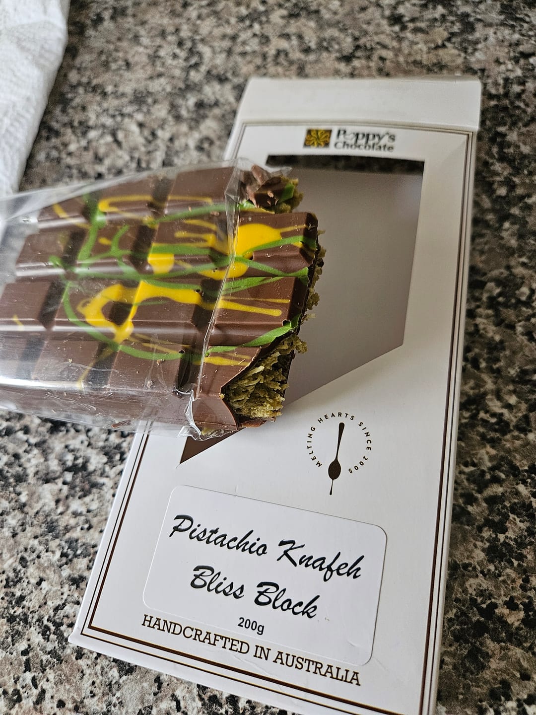 Customer photo review of Pistachio Knafeh Bliss Block - Viral Dubai Chocolate Bar 200g