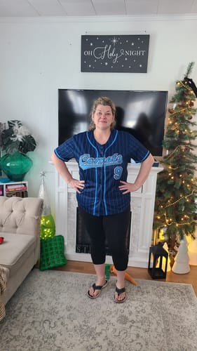 Customer photo review of Custom Navy Light Blue Stripe Fashion Design Full Button Authentic Baseball Jersey