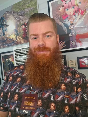 Reviewer wearing The Lord of the Rings "I Have Failed You All" shirt featuring an all-over pattern of Boromir.