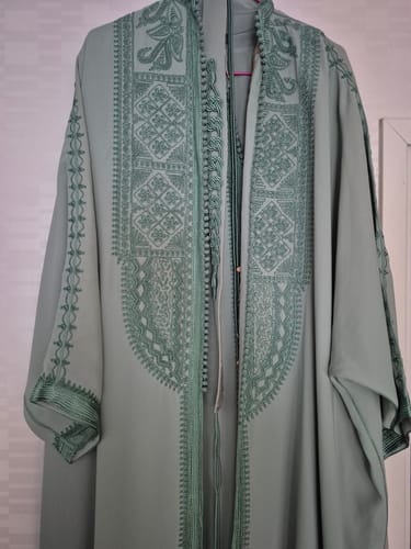 Customer's Daur caftan in soft green with intricate embroidery on the chest and sleeves.