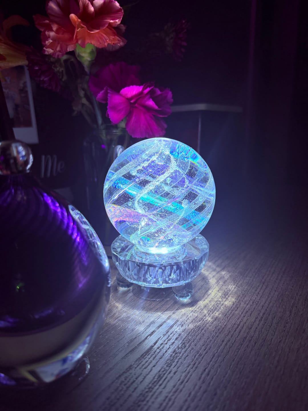 Customer photo review of Illuminated Dichroic Rainbow Orb with Cremains