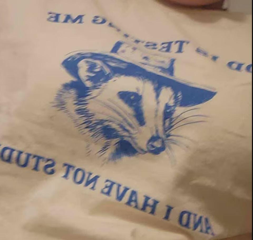 Customer photo review of God Is Testing Me And I Have Not Studied Possum T-Shirt
