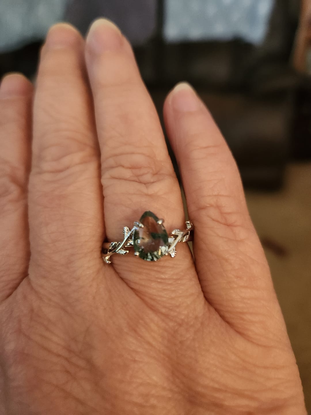 Customer photo review of FREE Today: Pear Cut Moss Agate Twisted Leaf Engagement Ring