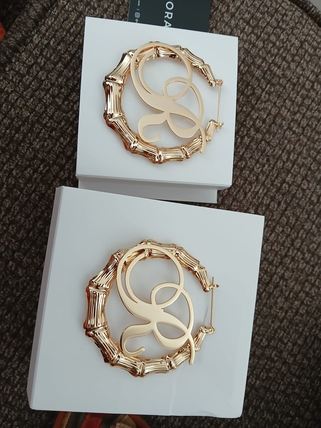 Customer photo review of Bamboo Initial Hoop Earrings