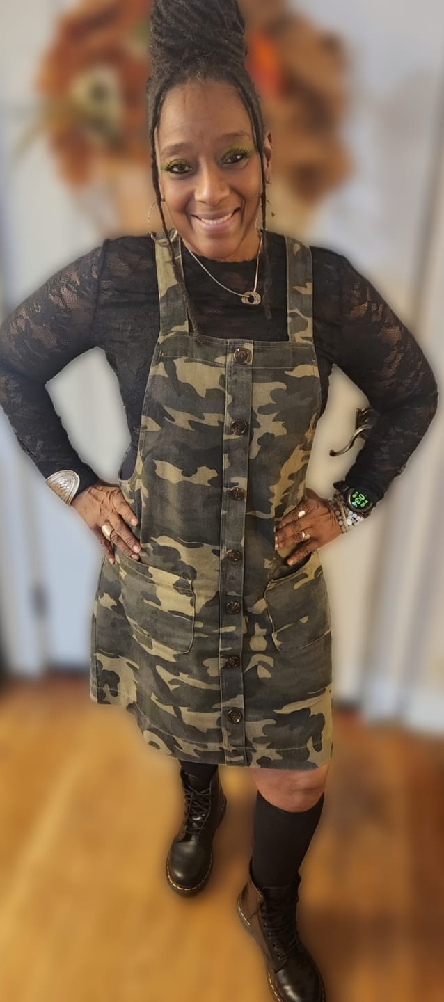 Customer photo review of Camo Print Button Front Overall Dress