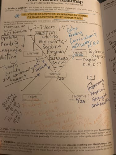 Reviewer's Weekly Undated Planner open to the 'Passion Roadmap' page, filled with handwritten goals.