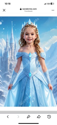 Customer's 'The Ice Princess' portrait of a child in a light blue gown and ice crown before a snowy castle.