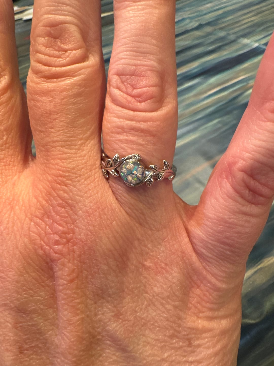 Customer photo review of Leaf Opal Cremation Ring