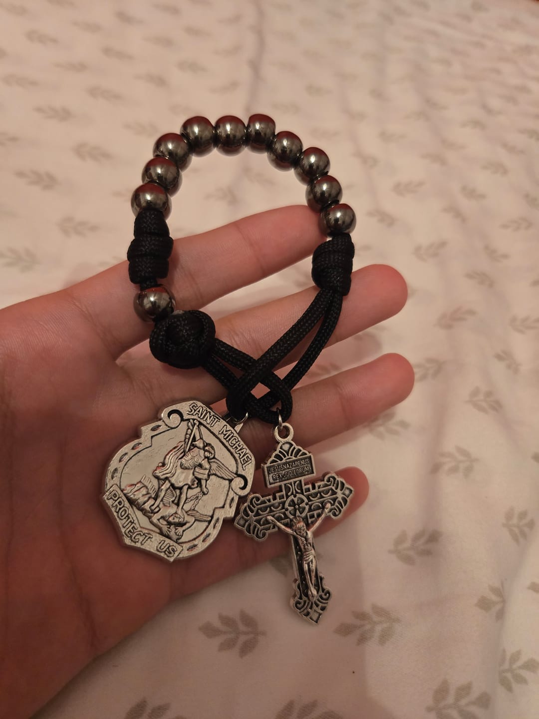 Customer photo review of Christianartworkshop Dual Use Car Pendant & Pocket Rosary with St. Michael & Benedict Guardian Shield and Evil Repelling Grace