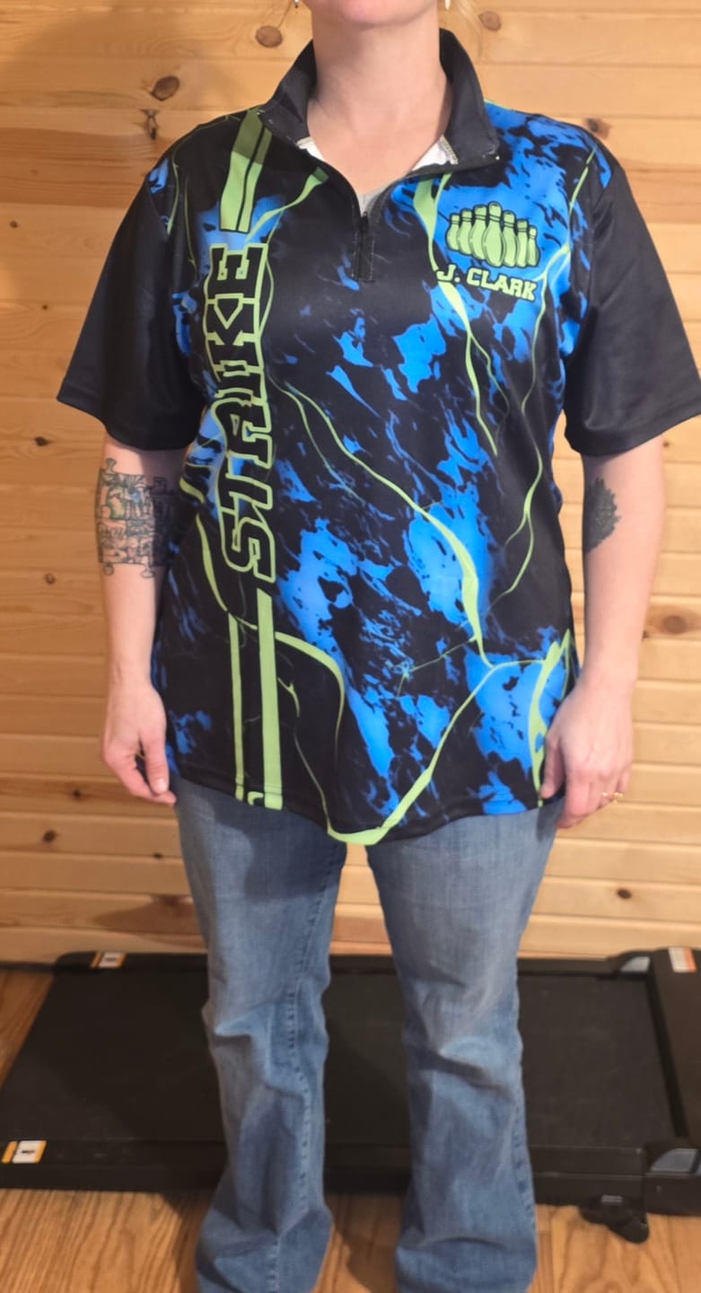 Customer photo review of Black, Green And Blue Strike Bowling Quarter Zip Shirts, Custom Mens Bowling Team Shirts IPHW5263