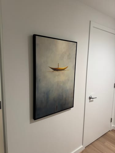 Customer photo review of Solitude Voyage: Contemporary Minimalist Wall Art - Neutral Brown & Grey with Gold Boat