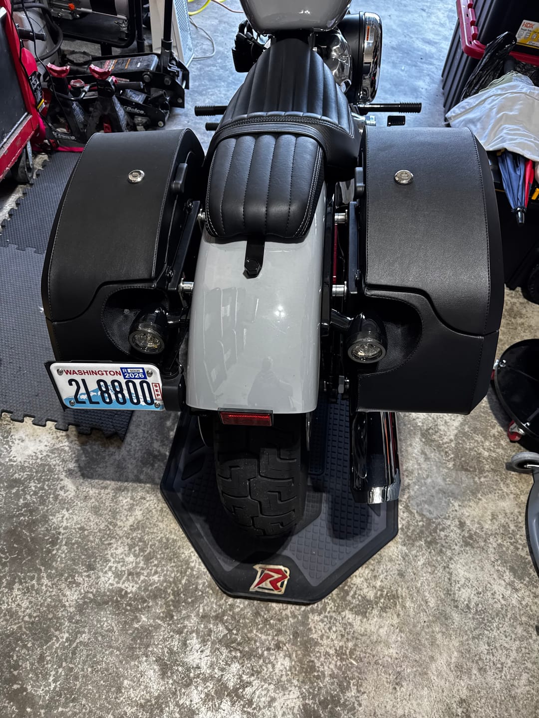 Customer photo review of 32L - Darkin Large Quick Mount Leather Wrapped Hard Saddlebags for Harley Softail Street Bob FXBB