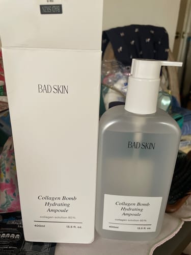 Reviewer's Bad Skin Korean Collagen Bomb Hydrating Ampoule, showing the 400ml pump bottle next to its white box.