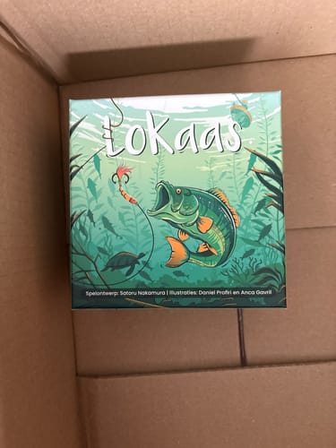 Recensent toont de doos van het dobbelspel Lokaas in een verzenddoos.