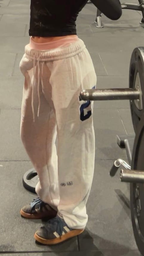 Customer photo review of '55 EMBROIDERY STRAIGHT LEG SWEATPANTS LIGHT GREY