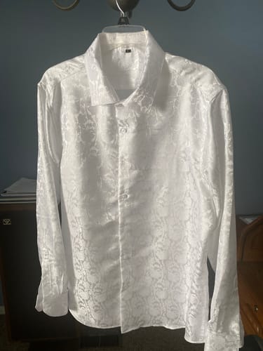 Customer photo review of Barry. Wang Mens White Dress Shirt Paisley Silk Long Sleeve Button Down Shirt