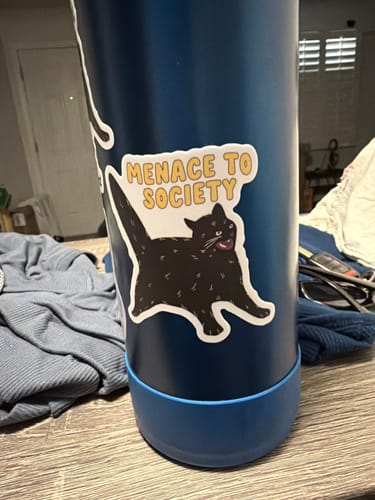 Customer's Menace To Society Black Cat Sticker applied to a blue water bottle.