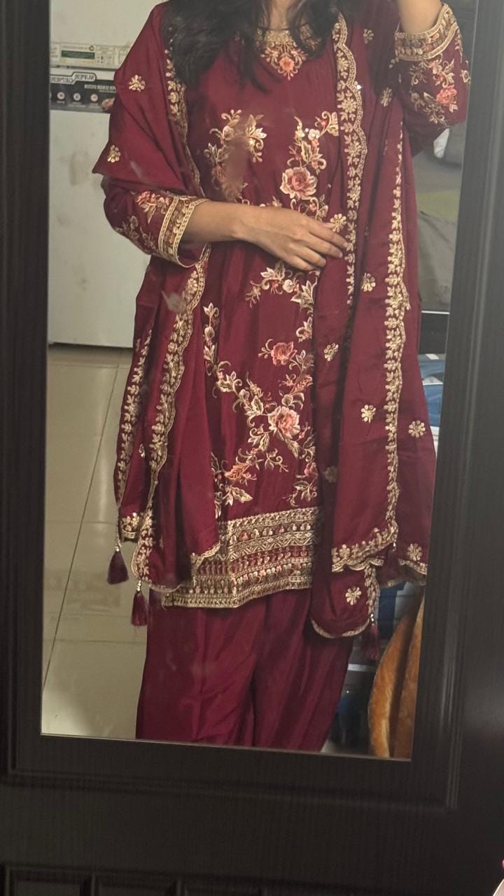 Customer photo review of Currant Red Chinon SIlk Plazo Suit With Embroidered Work