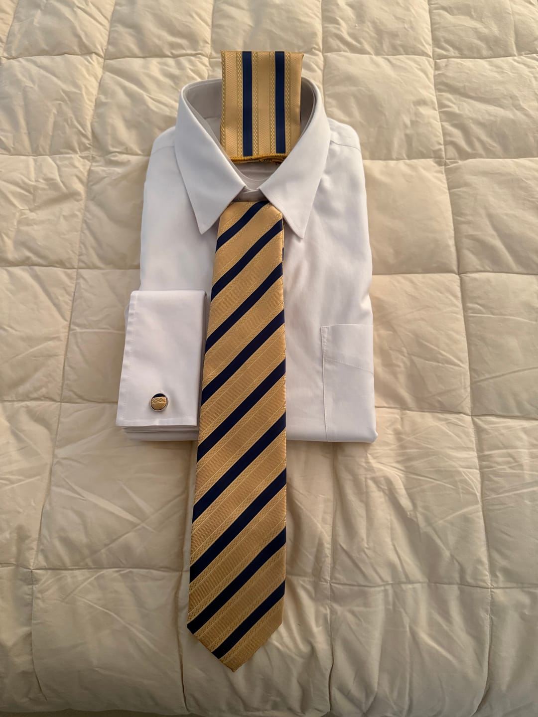 Customer photo review of Gold and Navy Striped Silk Tie, Pocket Square and Cufflinks