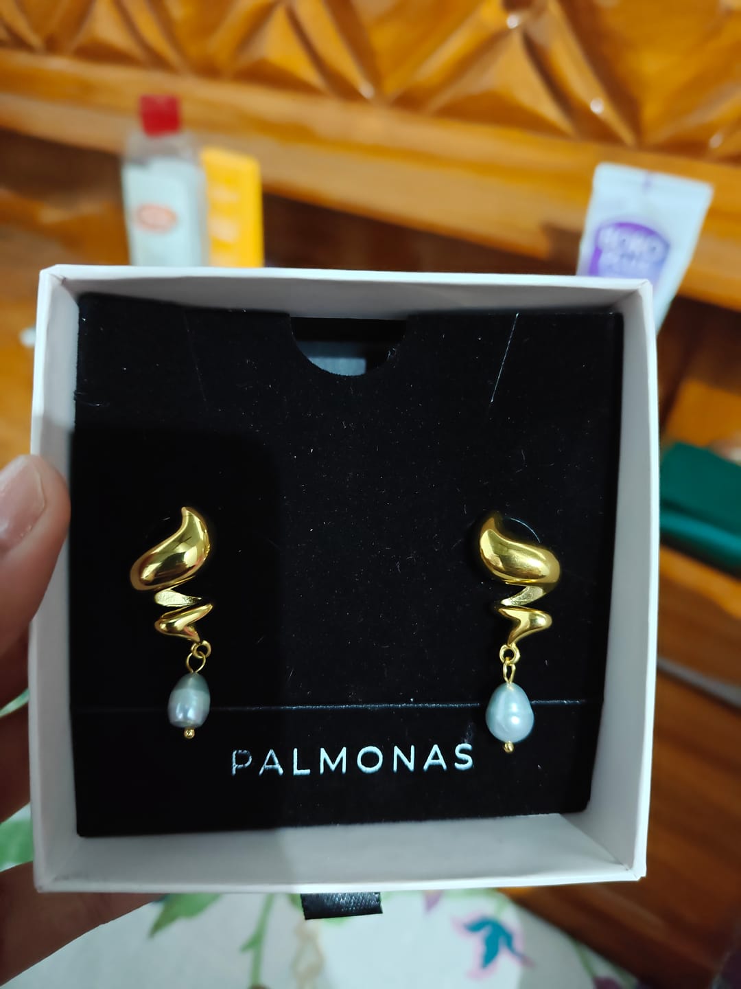Customer photo review of Bolt Pearl Twist Drop Earrings