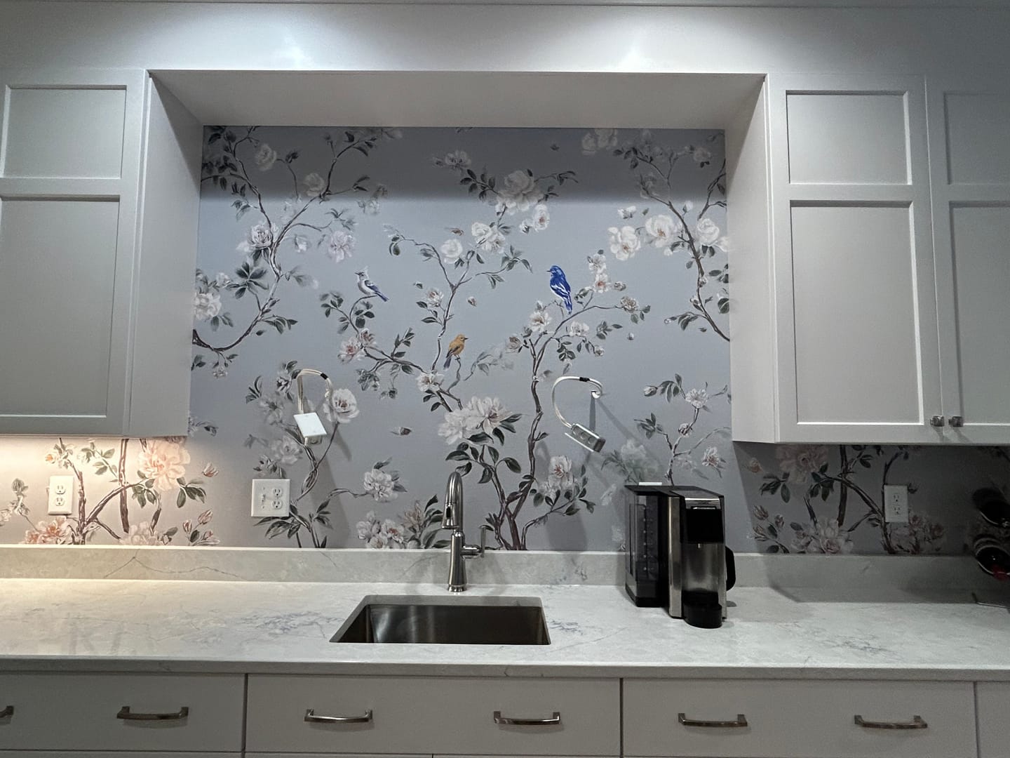 Customer photo review of Watercolor Baby Blue Chinoiserie Wallpaper Blossom Branches and White Flowers Peel and Stick Japanese Wall Mural