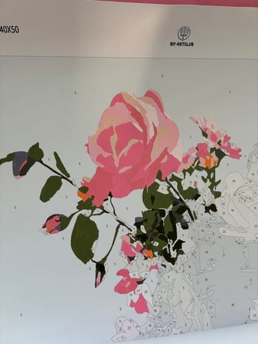 Customer's work-in-progress on the 'Wildflowers in Boots' paint by number canvas, with a large pink flower partially colored in.