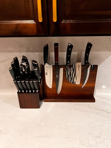 Customer's 17-Piece Knife Set with its magnetic and traditional blocks on a kitchen counter.