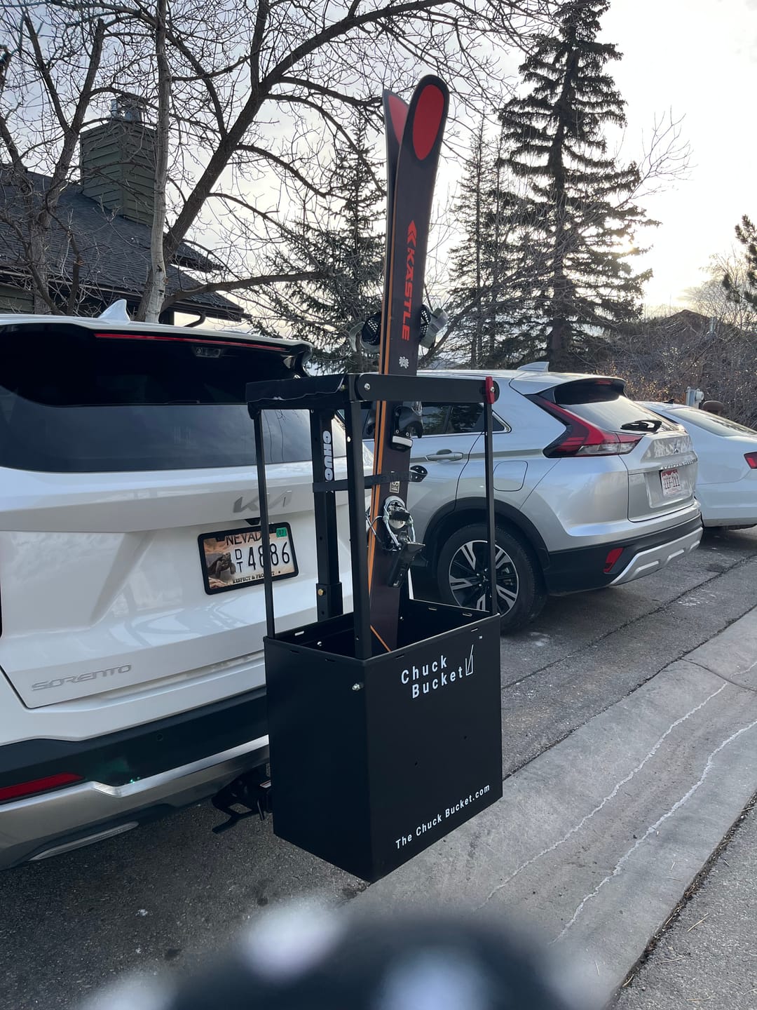 Customer photo review of Chuck Bucket Hitch-Mounted Ski & Snowboard Carrier
