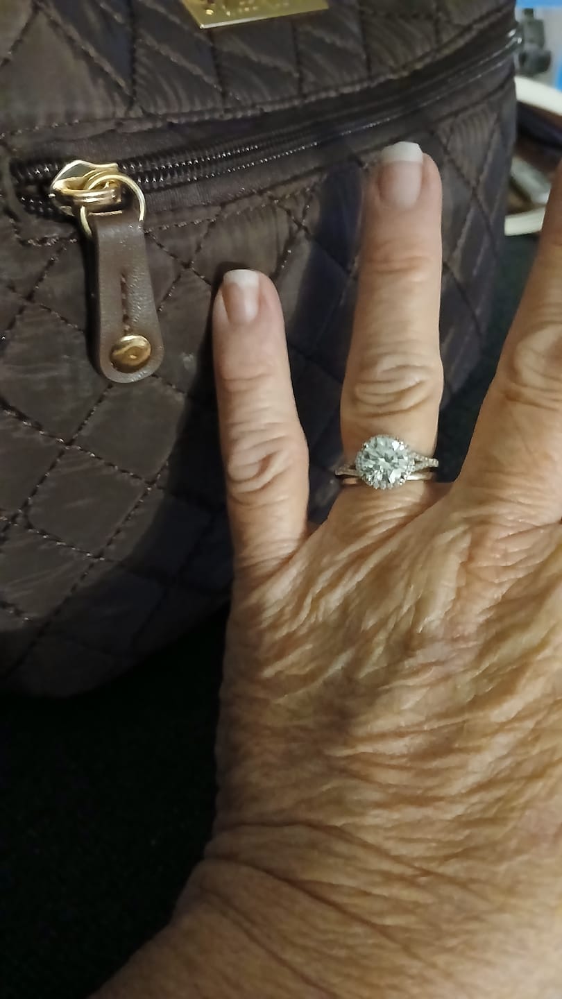 Customer photo review of Round Moissanite Split Shank Halo Pave Engagement Ring