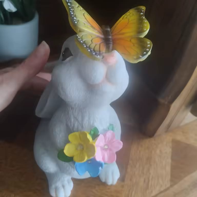 Customer photo review of Solar Bunny Garden Statue – LED Butterfly Resin Decor