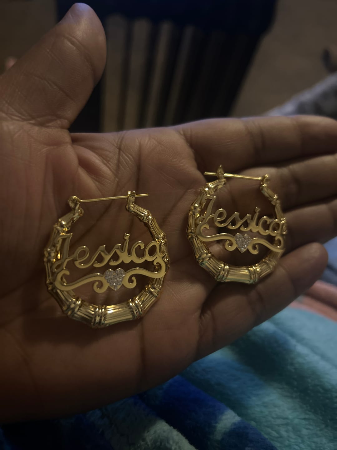 Customer photo review of Heart Name Bamboo Hoop Earrings