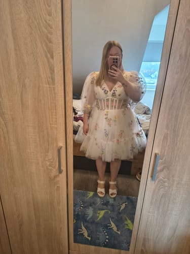Customer photo review of Short Puffy Sleeves Corset Floral Embroidery Midi Dress