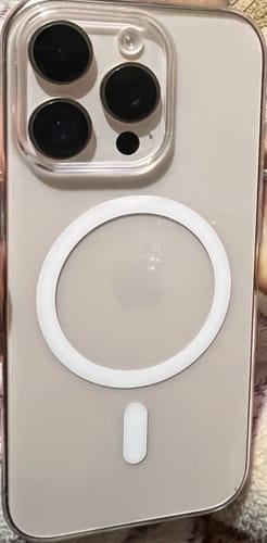 A customer's iPhone fitted with the Anti Yellow Magsafe Clear Transparent Case, showing the white magnetic ring.