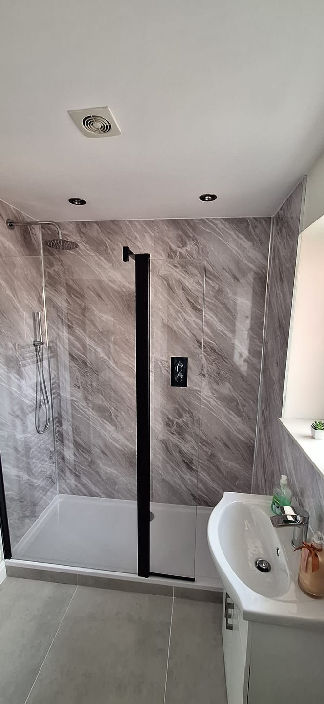 Customer photo review of 10mm Light Grey Marble Gloss Shower Panel 1M x 2.4M